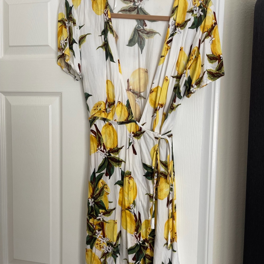 Lulu's Lemon Print Wrap Dress in White and Yellow